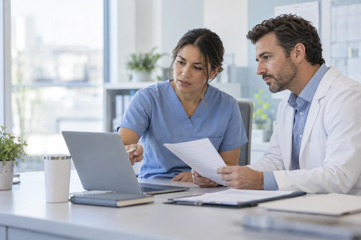 Illustrative image of a clinician and nurse coordinating a connected-care program.